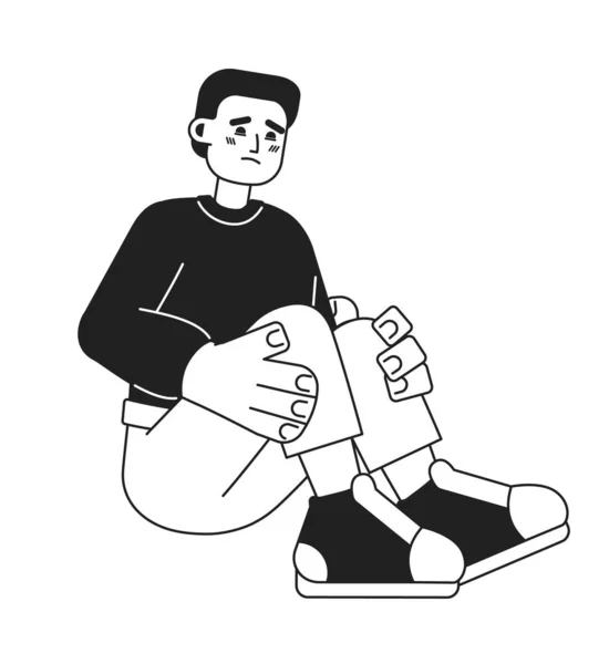 悲しいヒスパニックの少年モノクロマティックなフラットベクター文字 ひざまずいて座っている怖い若者 白の編まれた薄いライン完全なボディ人 Webグラフィックデザインのためのシンプルな漫画スポット画像 — ストックベクタ