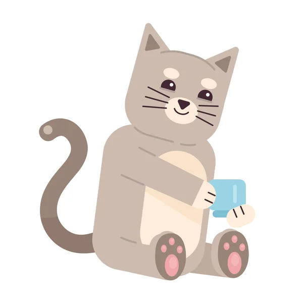 Nette Katze Mit Kaffeetasse Halb Flache Farbe Vektor Charakter Glückliche — Stockvektor