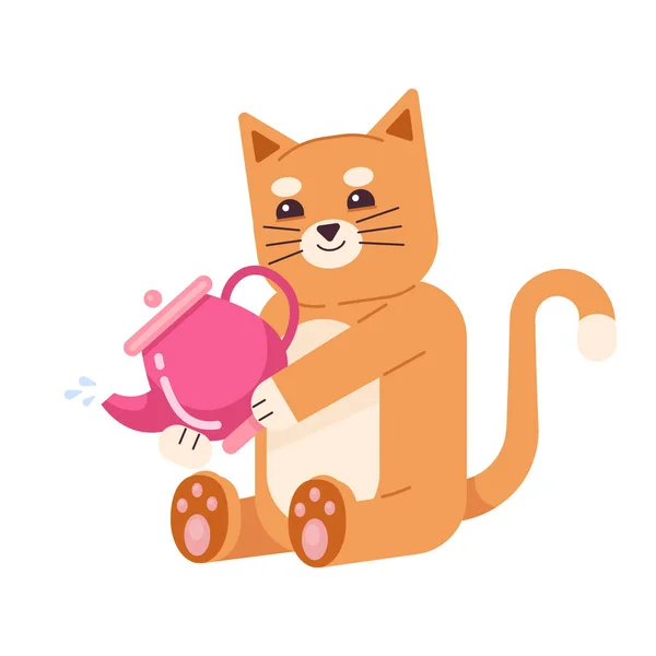 Smiling Ginger Cat Holding Teapot Semi Flat Color Vector Character - Stok Vektor