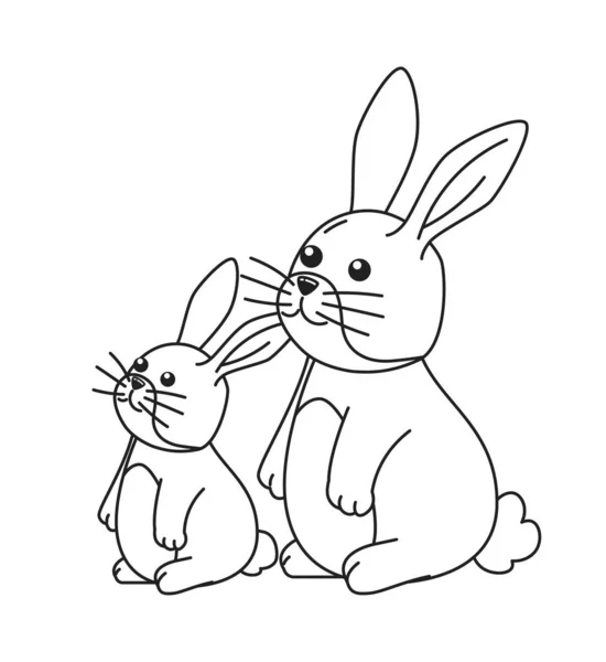 Два Кролика Сидят Смотрят Монохромный Плоский Векторный Символ Пушистые Животные — стоковый вектор