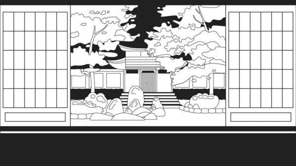 日本人的房间里有可爱的Kawaii Fi背景 草浦花园单色2D矢量卡通画内部插图 洛菲美观壁纸桌面 线性日本动漫风景 — 图库矢量图片