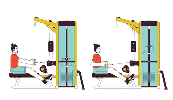 Muskelaufbau Mit Sitzender Reihenmaschine Flachlinien Vektorspot Illustration Gym Guy Cartoon — Stockvektor