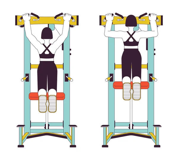 Arbeiten Unterstützten Hochziehmaschinen Flachlinien Vektorspot Illustrationen Gym Frau Cartoon Umriss — Stockvektor