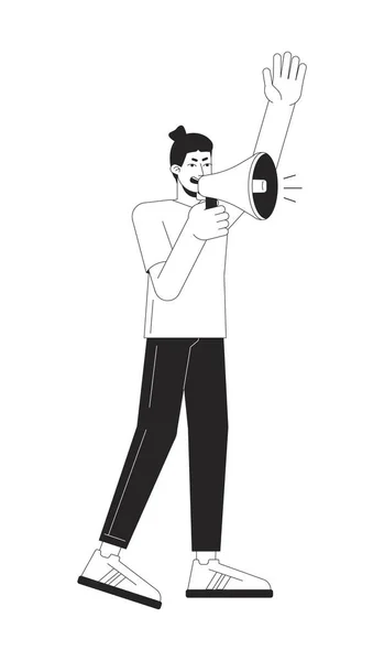 メガフォンフラットラインの黒い白いベクトル文字で叫ぶ男 攻撃的なスピーチ 適切な概要 完全なボディ人 ウェブグラフィックデザインのためのシンプルな漫画単離スポットイラストをプロテスト — ストックベクタ