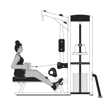 Kadın düz çizgi üzerinde kablo bağını kavrıyor siyah beyaz vektör karakteri. Düzenlenebilir taslak, tam vücut çalışanı. Oturmuş satır egzersizi basit karikatür izole nokta çizimi web tasarımı için