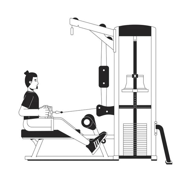 Man Stretching Cable Seated Row Machine Flat Line Black White — Stock Vector