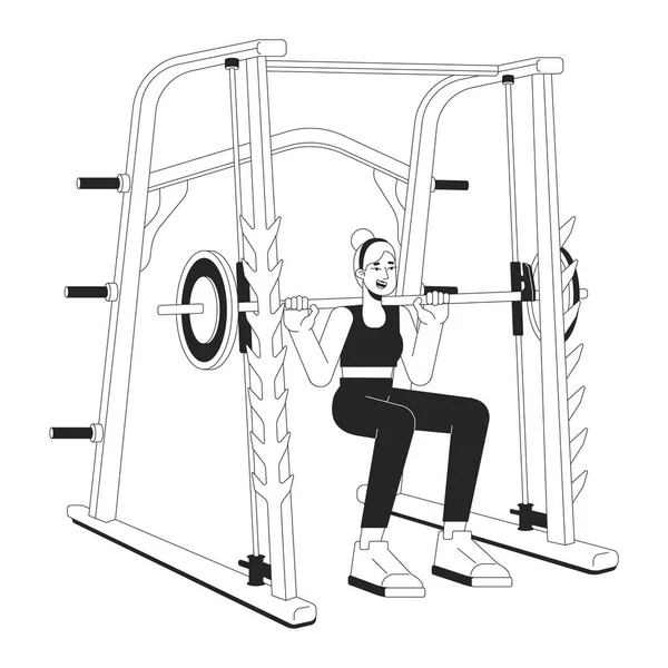 Woman Squatting Weight Power Rack Flat Line Black White Vector — Stock Vector