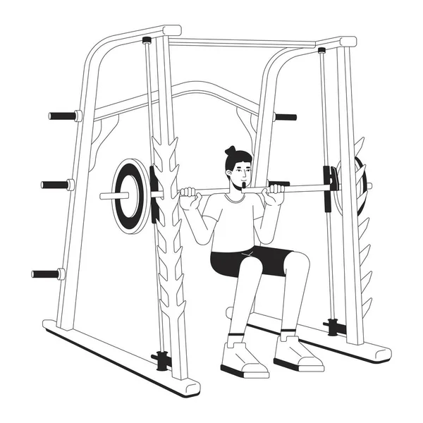 男人做蹲在动力架扁平线黑色白色矢量字符 可编辑的全身人面像 健身房的人用于网页设计的重量轻 孤立的卡通点画 — 图库矢量图片