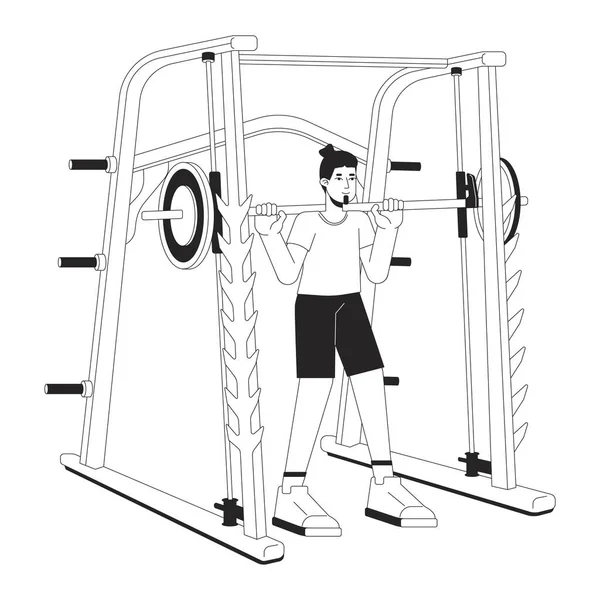 Man Holding Barbell Smith Machine Flat Line Black White Vector — Stock Vector