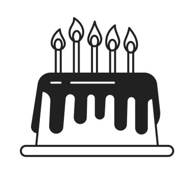 Mumlu tek renkli düz vektör nesneli doğum günü pastası. Kutlama yapıyoruz. Lezzetli tatlı. Düzenlenebilir siyah beyaz çizgi simgesi. Web grafik tasarımı için basit bir karikatür klibi resim çizimi