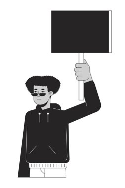 Siyah erkek gösterici düz çizgi siyah beyaz vektör karakteri ile. Barışçıl protesto. Düzenlenebilir yarı vücut insan. Web grafik tasarımı için basit karikatür izole nokta çizimi