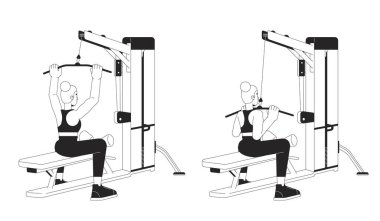 Lat Pulldown Machine bw vektör nokta çizimi üzerinde çalışıyorum. Web UI tasarımı için kadın 2D düz çizgi monokromatik karakter. Üst beden kuvveti, düzenlenebilir, izole edilmiş kahraman görüntüsü.