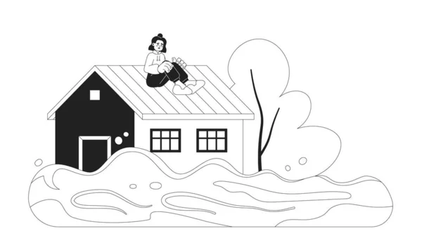 Женщина Сидит Крыше Монохромной Концепции Векторной Точечной Иллюстрации Затопленный Дом — стоковый вектор