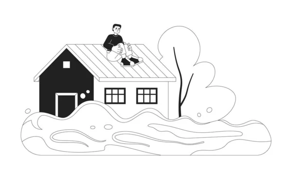 Scared Man House Roof Monochrome Concept Vector Spot Illustration Flooded — Stock Vector