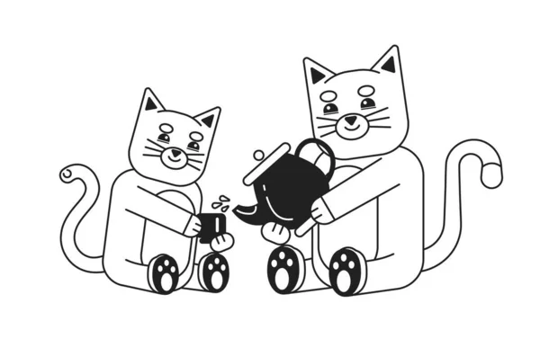 モノクロマティックなフラットベクターキャラクターを座って幸せな子猫 ティーセレモニー ティーポット カップ 笑顔のペットたち 白に編まれた薄いライン完全なボディ動物 Webグラフィックデザインのためのシンプルな漫画スポット画像 — ストックベクタ