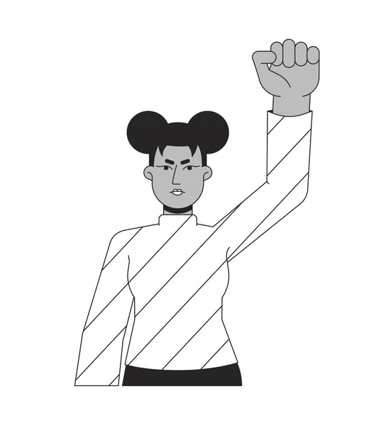 Jeune Femme Serrant Poing Protester Ligne Plate Noir Blanc Personnage — Image vectorielle