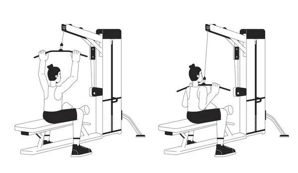 Muskelaufbau Mit Latzugmaschine Vektorspot Illustration Sportsman Cartoon Flache Linie Monochromatische — Stockvektor