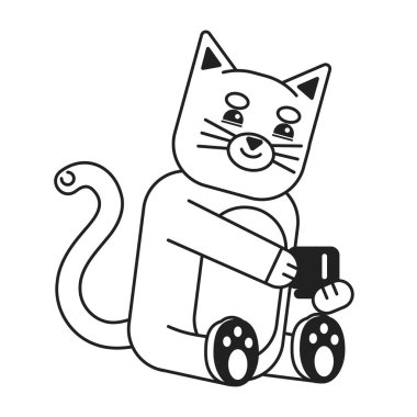 Kahve fincanı tutan sevimli kedi tek renkli düz vektör karakteri. Mutlu kedi çay içiyor. Düzenlenebilir ince çizgi, beyaz üzerine tüm vücut hayvanı. Web grafik tasarımı için basit bw çizgi film nokta resmi