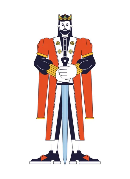 Jeune Roi Avec Épée Ligne Plate Couleur Vecteur Caractère Monarque — Image vectorielle