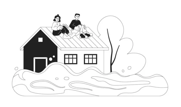 Scared People Flooded House Roof Monochrome Concept Vector Spot Illustration — Stock Vector