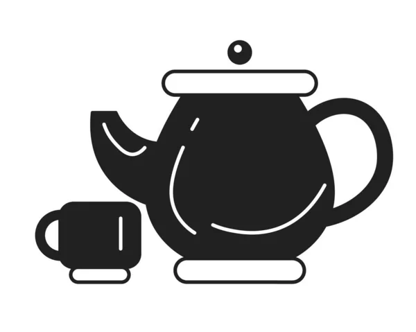 Teapot Cup Monochrome Flat Vector Object Dinnerware Tea Teakettle Traditional — Stock Vector