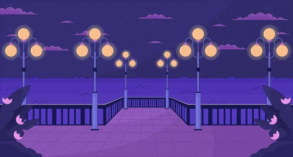 街灯が付いている夜のウォーターフロントは審美的な壁紙を解雇します ナイトタイム市街地 輝くランプポスト2Dベクター漫画の街並みのイラスト 紫色のラフィックの背景 90年代のレトロアルバムアート チルバイブ — ストックベクタ
