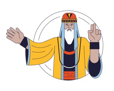 Sakallı bilge adam düz çizgi renk vektör karakteri. Duruşları gösteriyor. Geleneksel kıyafetler. Düzenlenebilir, yarı insan yarı insan yarı beyaz. Web grafik tasarımı için basit karikatür nokta çizimi