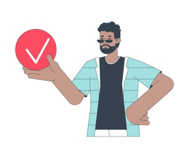 Tik düz çizgi konsept nokta illüstrasyonlu bir adam. Tamamlanmış görev 2D çizgi film ana hatları beyaz üzerine web UI tasarımı için. Düzenlenebilir verimlilik izole edilmiş renk kahramanı imajı