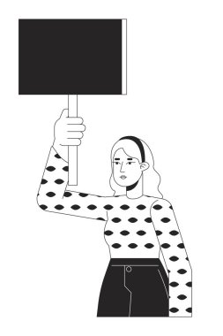 Kafkas gösterici düz çizgi siyah beyaz vektör karakteri. Genç bir kadın. Adalet sesi. Düzenlenebilir yarı vücut insan. Web grafik tasarımı için basit karikatür izole nokta çizimini protesto et