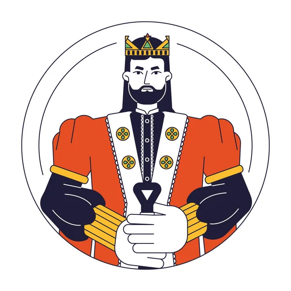 Confident King Golden Crown Flat Line Color Vector Character Bearded — Stock Vector