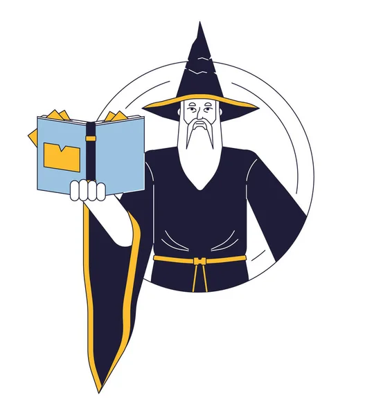 ウィザードフラットラインカラーベクターキャラクター 魔術師は呪文書で魔法を演じている ホワイトの半分のボディーの概要 Webグラフィックデザインのためのシンプルな漫画スポットイラスト — ストックベクタ
