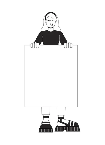 Γυναίκα Κρατώντας Banner Επίπεδη Γραμμή Μαύρο Λευκό Διανυσματικό Χαρακτήρα Υποστηρικτική — Διανυσματικό Αρχείο