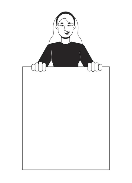 Joyeux Démonstrateur Caucasien Ligne Plate Noir Blanc Vecteur Caractère Femme — Image vectorielle