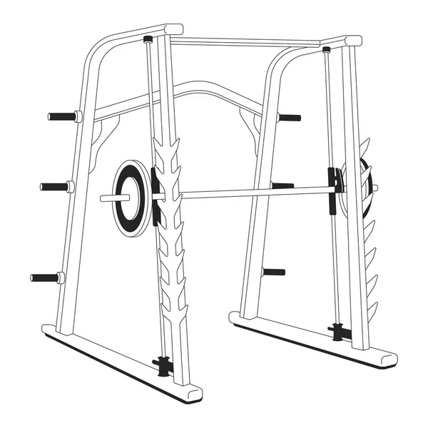 史密斯机的重量训练平面单色隔离矢量对象 重量动力架 健身房设备 可编辑的黑白线条艺术绘图 网页设计的简单概要插画 — 图库矢量图片