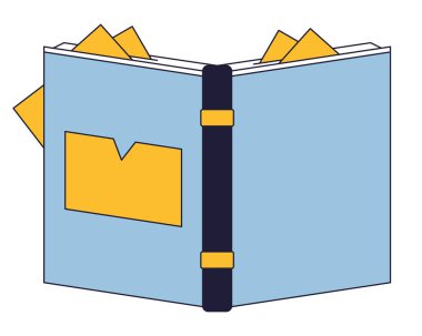 Yer imleri düz çizgi renginde izole edilmiş vektör nesnesi ile açılan kitap. Okuyorum. Eğitim. Beyaz arkaplanda düzenlenebilir resim. Web tasarımı için basit ana hatlı karikatür nokta çizimi