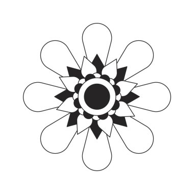 Dekoratif bahçe çiçekleri yassı monokrom izole vektör nesnesi. Taç yaprakları ve disk çiçekleri. Düzenlenebilir siyah beyaz çizim. Web grafik tasarımı için basit ana hatlı nokta çizimi