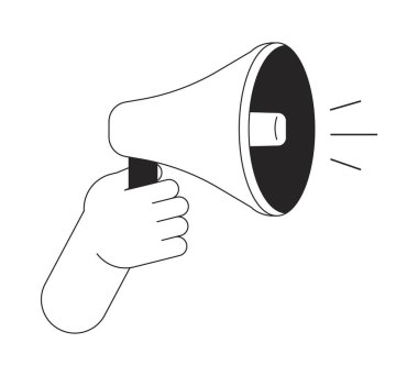 Megafon düz monokrom yalıtılmış vektör eli tutuyor. Konuşan trompet. Yüksek sesle. Düzenlenebilir siyah beyaz çizim. Web grafik tasarımı için basit ana hatlı nokta çizimi