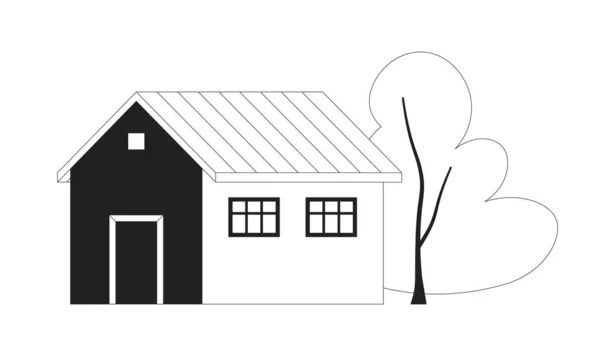 かわいい家モノクロフラットベクトルオブジェクト 装飾的な木が付いている町の建物 編まれた黒および白い薄いライン アイコン Webグラフィックデザインのためのシンプルな漫画クリップアートスポットイラスト — ストックベクタ