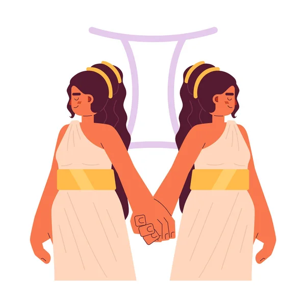 双子座黄道带符号平面概念矢量图解 女性双胞胎手牵着白色的2D卡通人物进行Web Ui设计 占星术孤立了可编辑的有创意的英雄形象 — 图库矢量图片