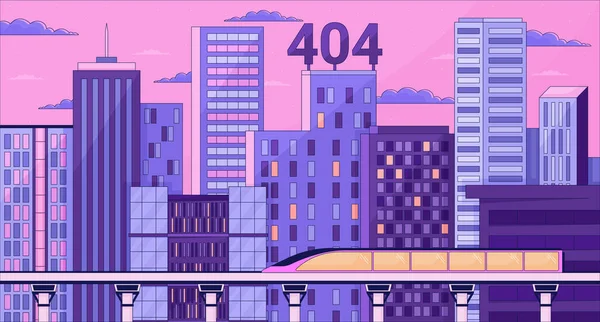 弾丸列車の夜の高層ビルのエラー 404 フラッシュメッセージ トワイライト鉄道 ウェブサイトランディングページUiデザイン 漫画の画像が見つかりませんでした 夢のようなバイブ 90年代のバックグラウンドを持つベクトルフラットイラスト — ストックベクタ