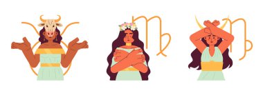 Dünya zodiac düz konsept vektör nokta çizimi setini imzalar. Boğa, başak, oğlak burcu. Web UI tasarımı için beyazın üzerindeki 2D yıldız falı karakterleri. İzole edilmiş düzenlenebilir yaratıcı kahraman resim paketi