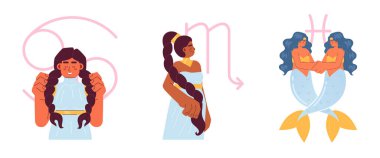 Su zodyakları düz konsept vektör çizim çizelgesi imzalarlar. Kanser, akrep ve balık. Web UI tasarımı için beyaz üzerine 2D yıldız falı sembolleri. İzole edilmiş düzenlenebilir yaratıcı kahraman resim paketi