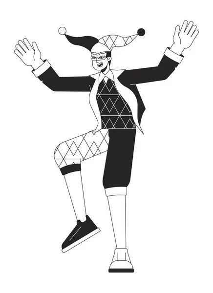 Joker Middeleeuwse Kostuum Platte Lijn Zwart Wit Vector Karakter Grappige — Stockvector