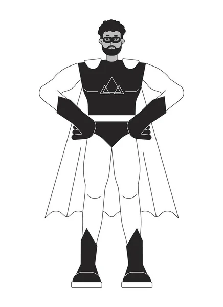 マスクフラットラインのスーパーヒーロー ブラックホワイトベクター文字 スーツを着た男のエンパワーメント 世界を守る 適切な概要 完全なボディ人 Webグラフィックデザインのためのシンプルな漫画単離スポットイラスト — ストックベクタ