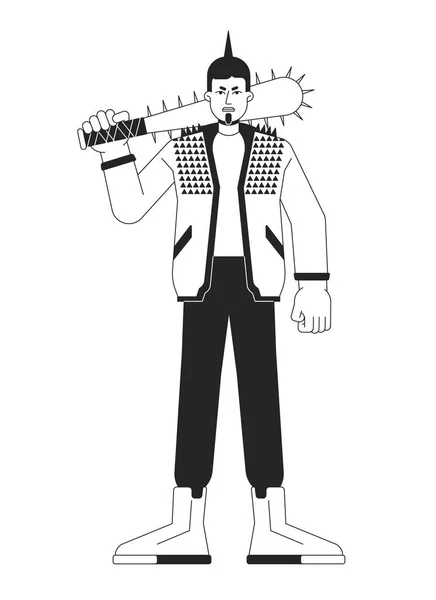 怒っている反乱の男フラットライン黒い白いベクターの文字 野球バットのプロテスタント 武器を持っている 適切な概要 完全なボディ人 Webグラフィックデザインのためのシンプルな漫画単離スポットイラスト — ストックベクタ