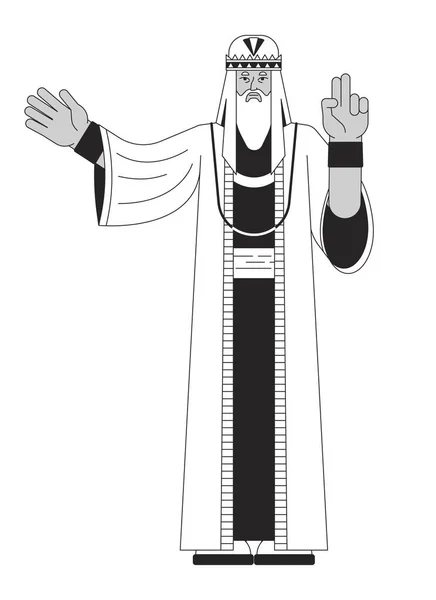 セージマンフラットライン黒白ベクターキャラクター 長いマントルにいる賢者 適切な概要 完全なボディ人 Webグラフィックデザインのためのシンプルな漫画単離スポットイラスト — ストックベクタ