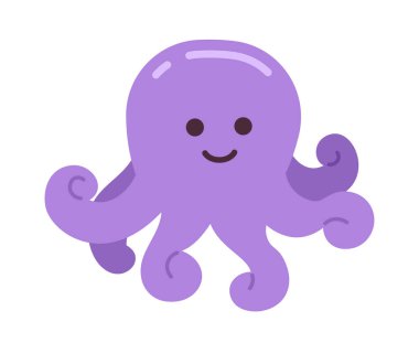 Kıvırcık dokunaçlı gülümseyen ahtapot yarı düz renk vektör karakteri. Su altı yaratığı. Beyaz üzerine düzenlenebilir tam vücut kişiliği. Web grafik tasarımı için basit karikatür nokta çizimi