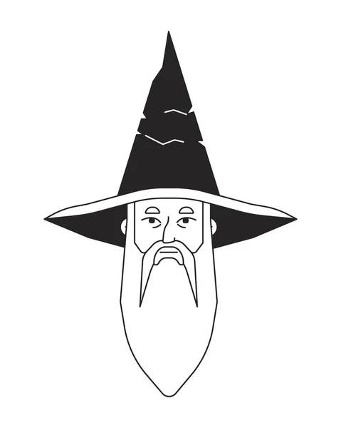 Old Bearded Man Monochrome Flat Linear Character Head Wizard Hat — Stock Vector