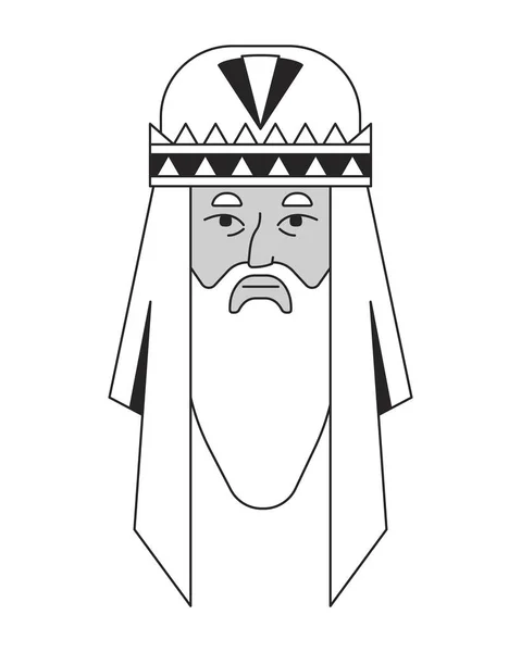 セージマンモノクロフラットリニアキャラクターヘッド 長いひげと頭に帽子をかける 人間の顔のアイコンを描いた編まれた輪郭の手 アニメーションのための2D漫画スポットベクターアバターイラスト — ストックベクタ