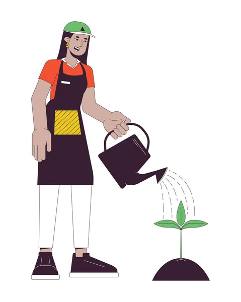 Heureux Jardinier Arrosage Plante Plat Ligne Couleur Vecteur Caractère Femme — Image vectorielle